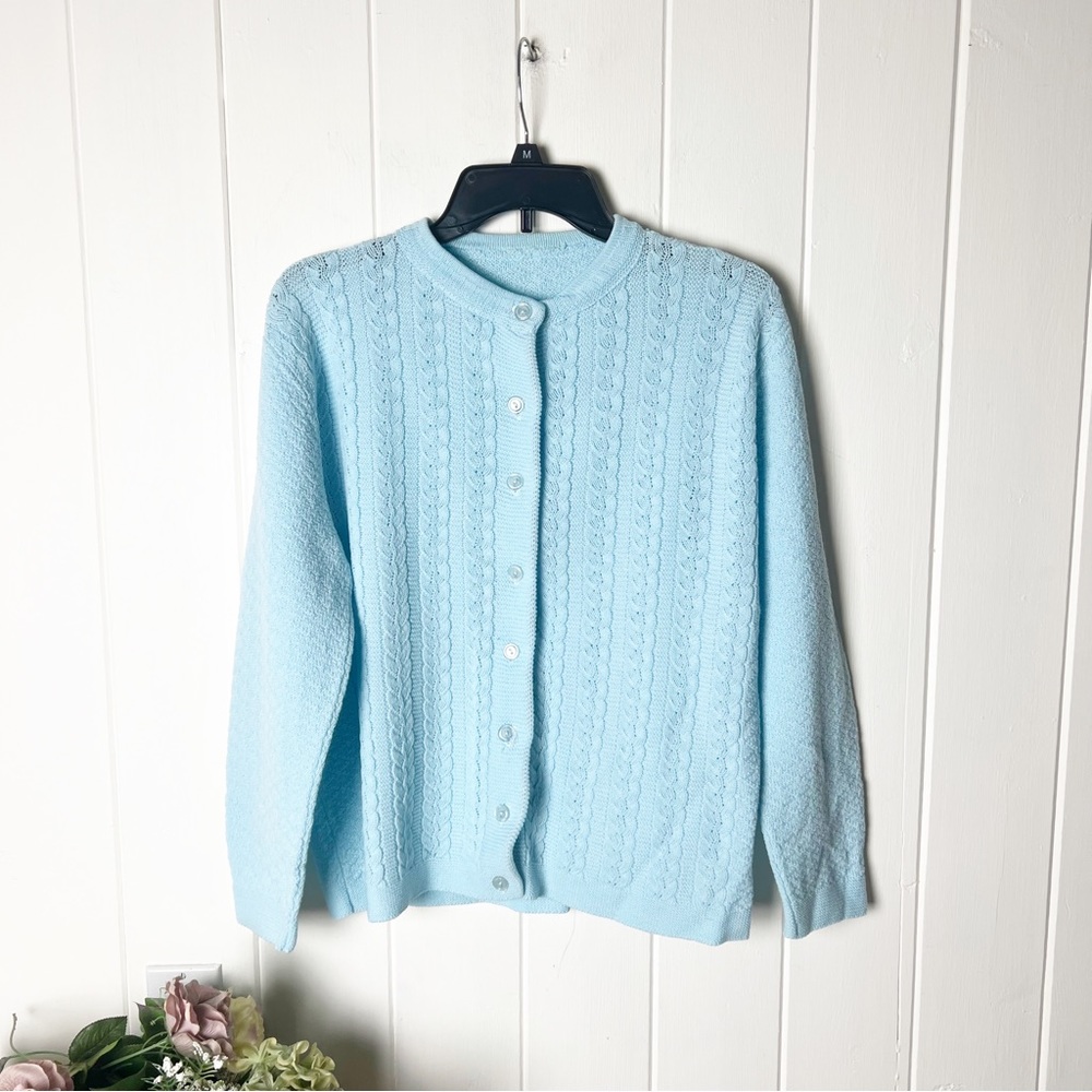 Vintage 1960s - 1970s powder blue cable knit cardigan sweater